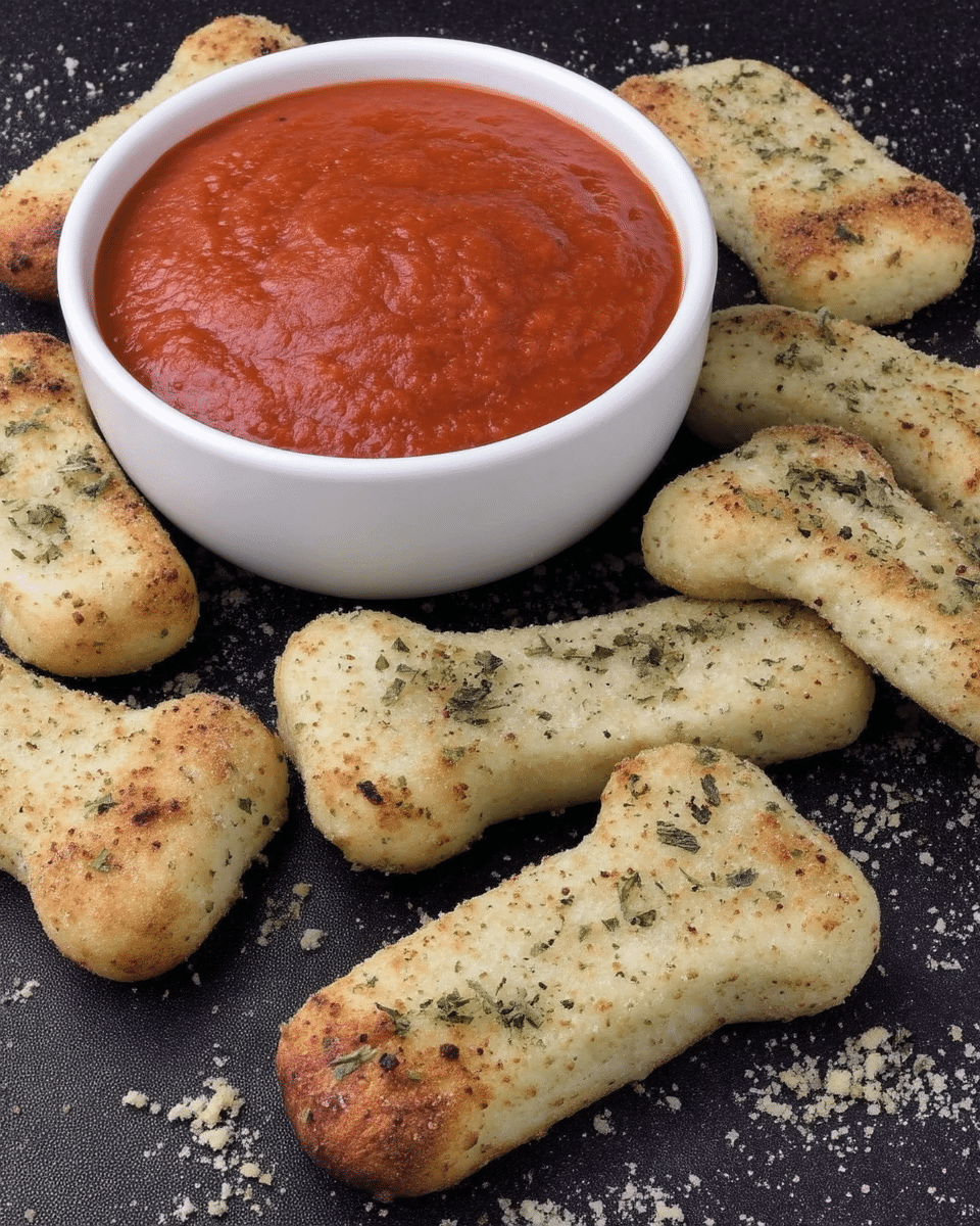 Spine-Chilling Cheesy Halloween Breadstick Bones 10 Cheesy Halloween Breadstick Bones served with a bowl of marinara sauce.