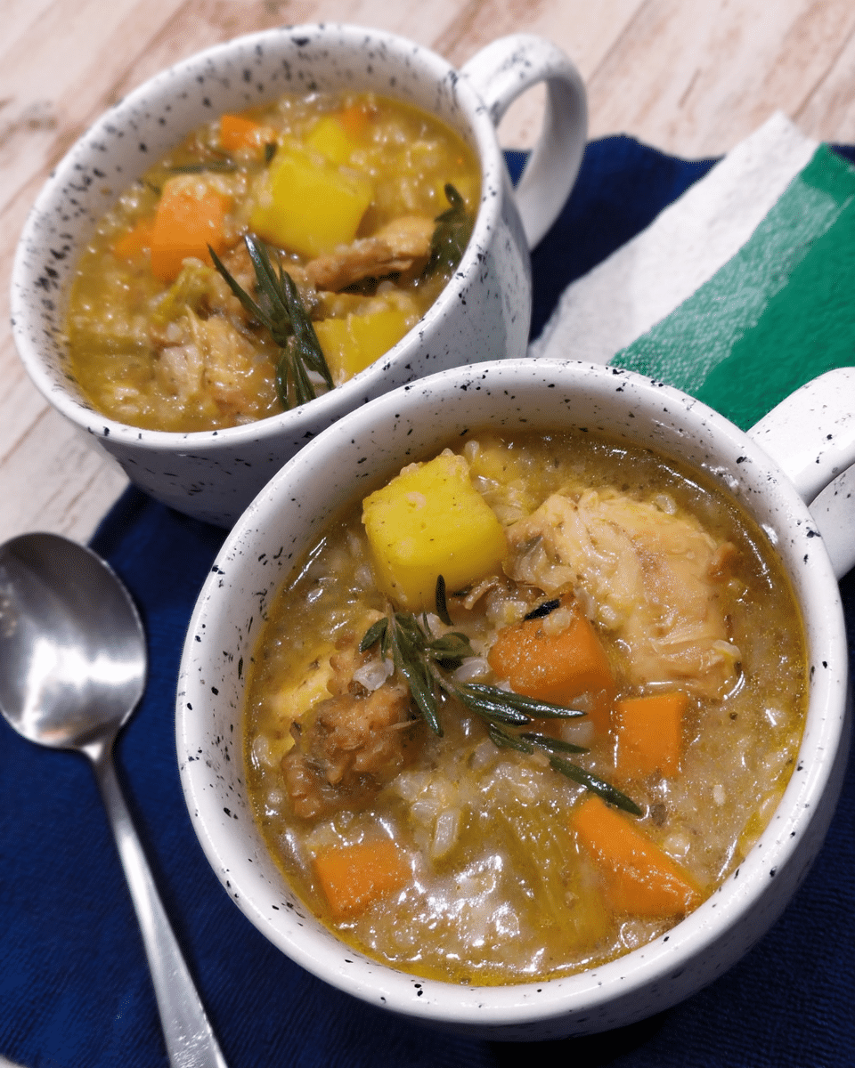 Chicken, Brown Rice, and Vegetable Soup in a bowl.