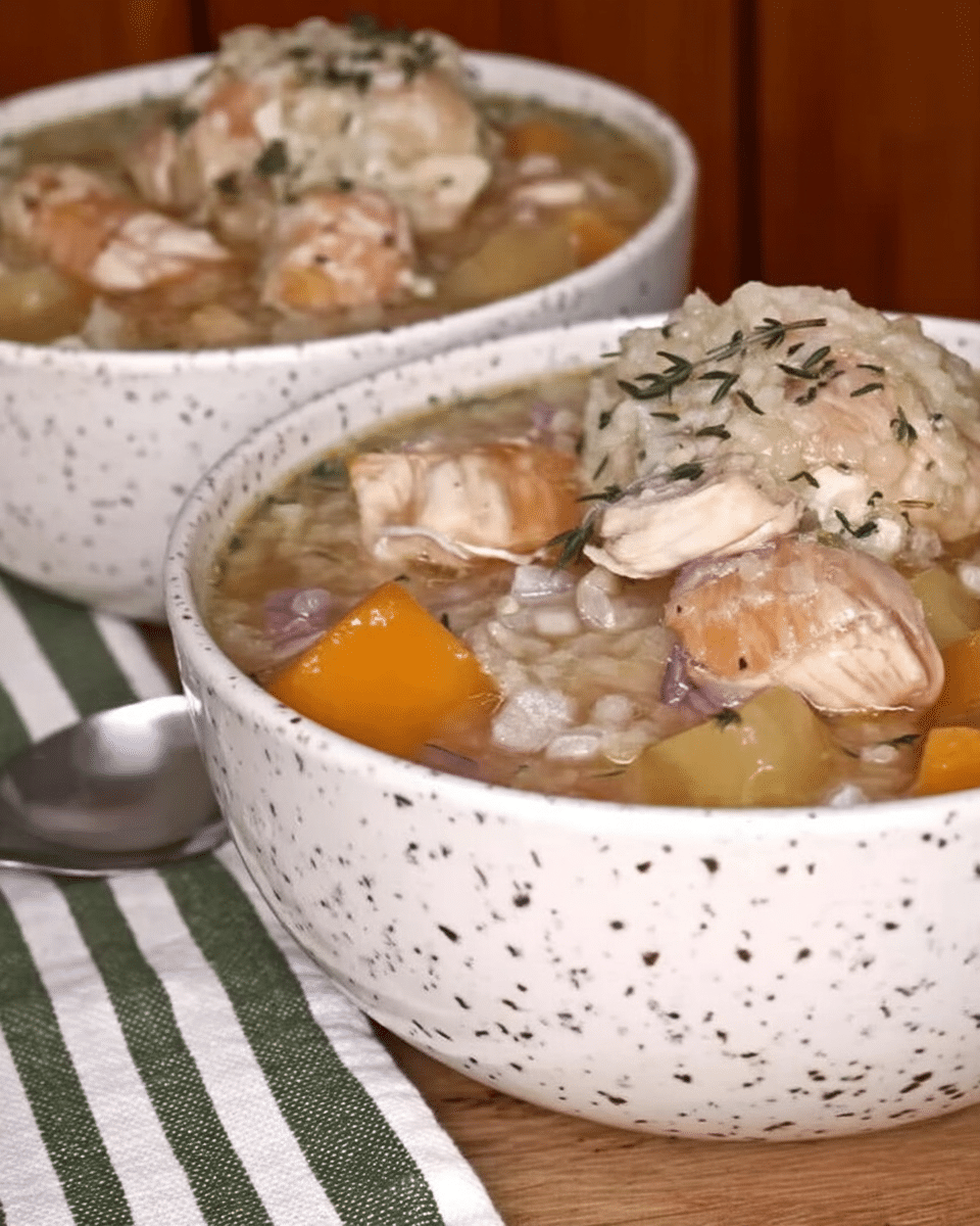 Close-up of a hand holding a ladle full of Chicken, Brown Rice, and Vegetable Soup.