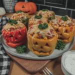 Shredded Chicken & Rice Stuffed Peppers 7 Close-up of a Shredded Chicken & Rice Stuffed Pepper with a Jack-o'-lantern face.