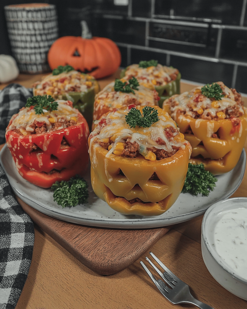 Close-up of a Shredded Chicken & Rice Stuffed Pepper with a Jack-o'-lantern face.