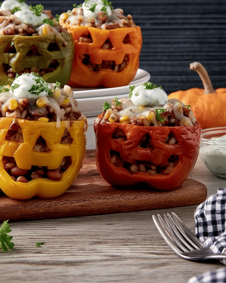 Shredded Chicken & Rice Stuffed Peppers 8 An array of colorful bell peppers and other ingredients arranged on a rustic wooden table.