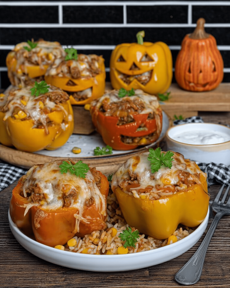 Shredded Chicken & Rice Stuffed Peppers 10 A plated Shredded Chicken & Rice Stuffed Pepper garnished with fresh parsley, served with a side salad.