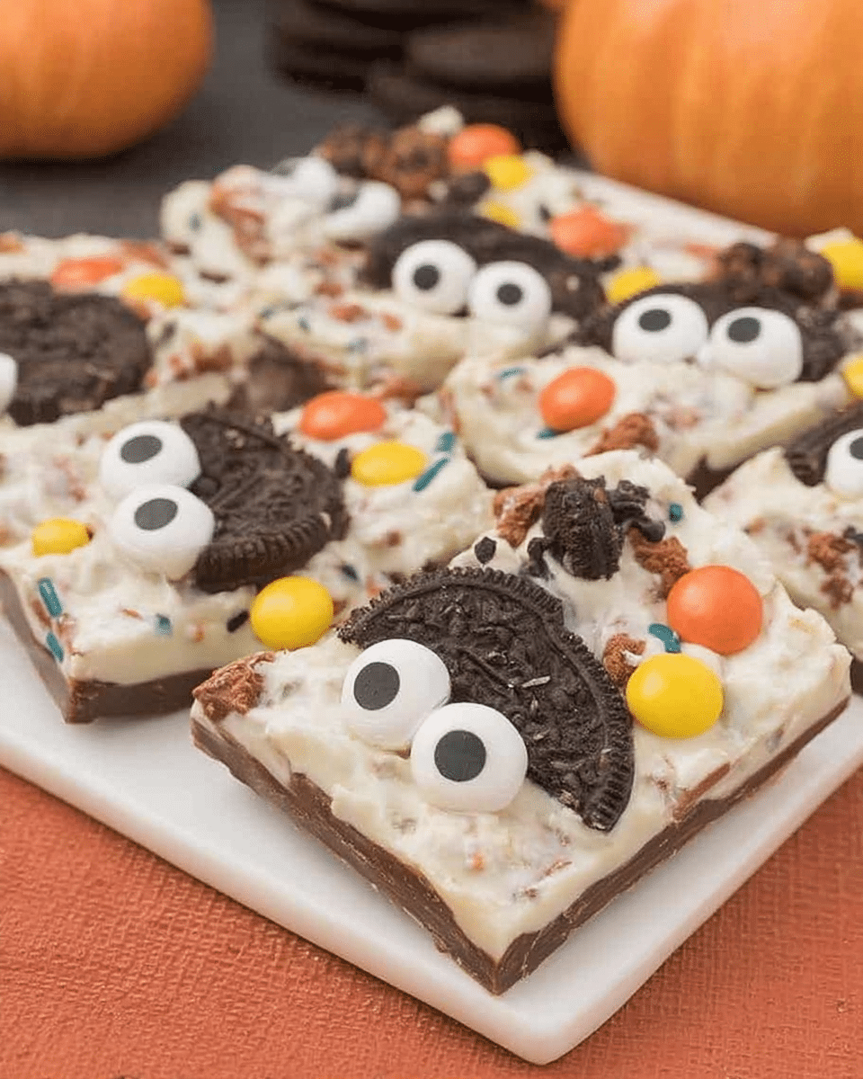 A close-up of Chocolate Halloween Oreo Bark with festive sprinkles and candy eyeballs.