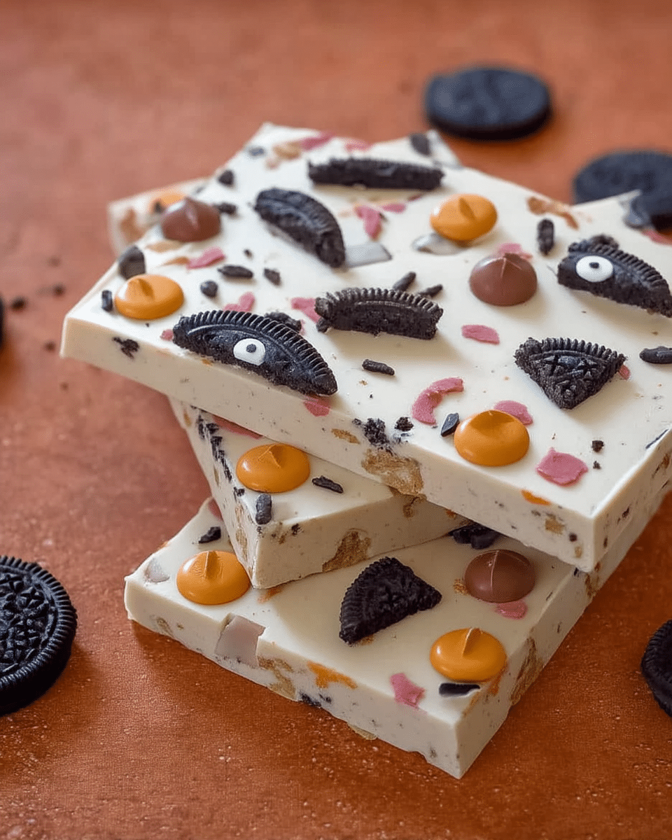 Ingredients for making Chocolate Halloween Oreo Bark, including white chocolate, Oreos, Reese's Pieces, sprinkles, and candy eyeballs.