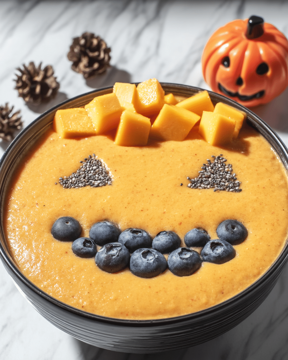 Jack-O’-Lantern Smoothie Bowls 9 A close-up of a Jack-O’-Lantern Smoothie Bowl with a perfectly carved fruit face.