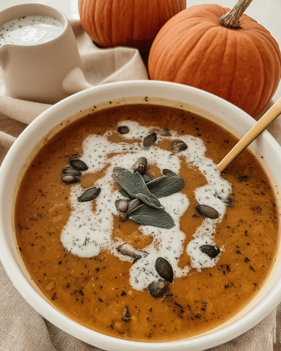 A collection of ingredients for Coconut Curry Pumpkin Soup arranged on a wooden table.