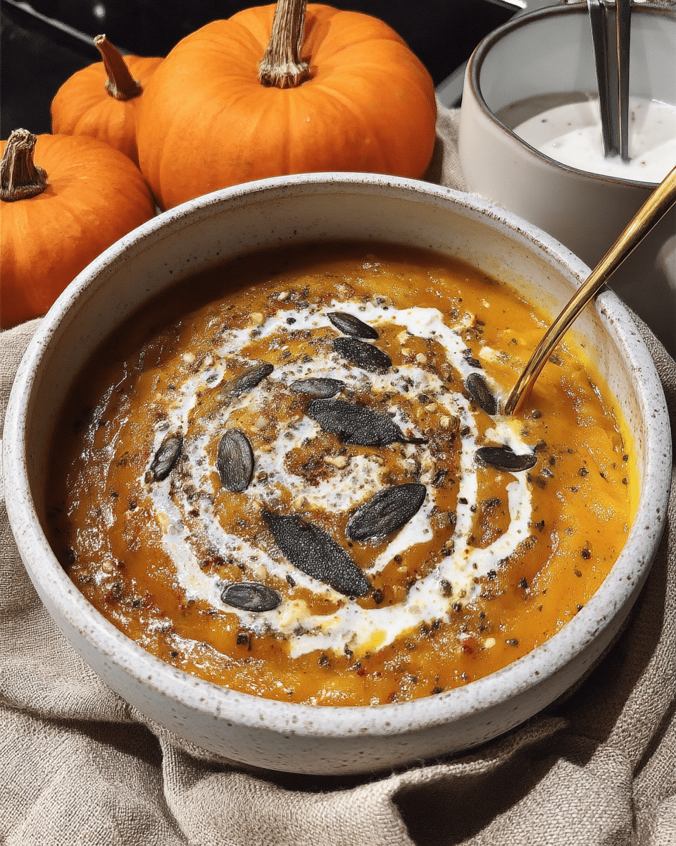 A bowl of Coconut Curry Pumpkin Soup served with a side of crusty bread and chopped cilantro.