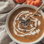 A creamy bowl of Coconut Curry Pumpkin Soup, topped with fresh cilantro and pumpkin seeds.
