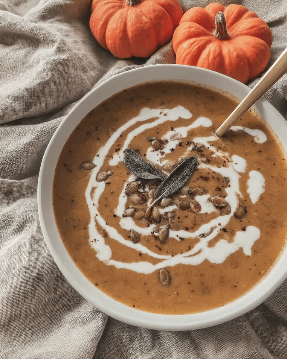 A creamy bowl of Coconut Curry Pumpkin Soup, topped with fresh cilantro and pumpkin seeds.