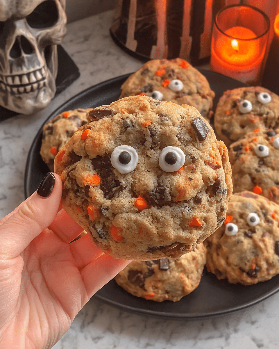 Halloween Chocolate Chip Cookies 10 Halloween Chocolate Chip Cookies arranged on a plate.