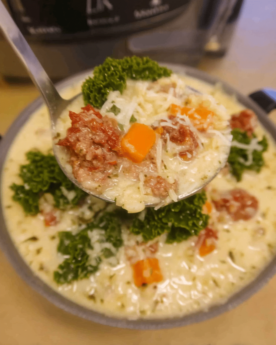 Creamy Sweet Potato and Sausage Soup in a bowl, garnished with fresh herbs.