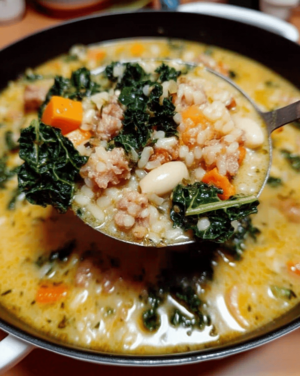 Creamy Sweet Potato and Sausage Soup 9 A hand holding an immersion blender in a pot of Creamy Sweet Potato and Sausage Soup.
