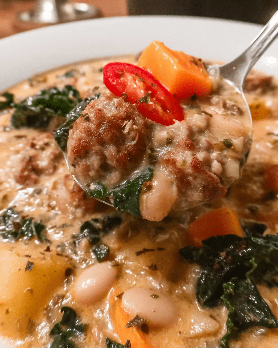 Creamy Sweet Potato and Sausage Soup 8 Ingredients for Creamy Sweet Potato and Sausage Soup arranged on a wooden board.
