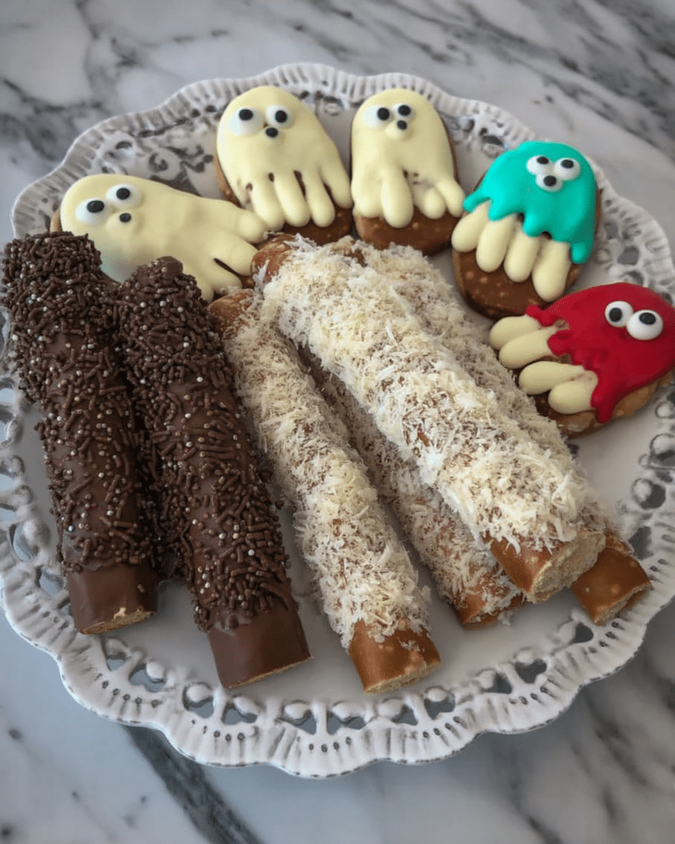 An assortment of creepy Halloween party treats arranged on a table.