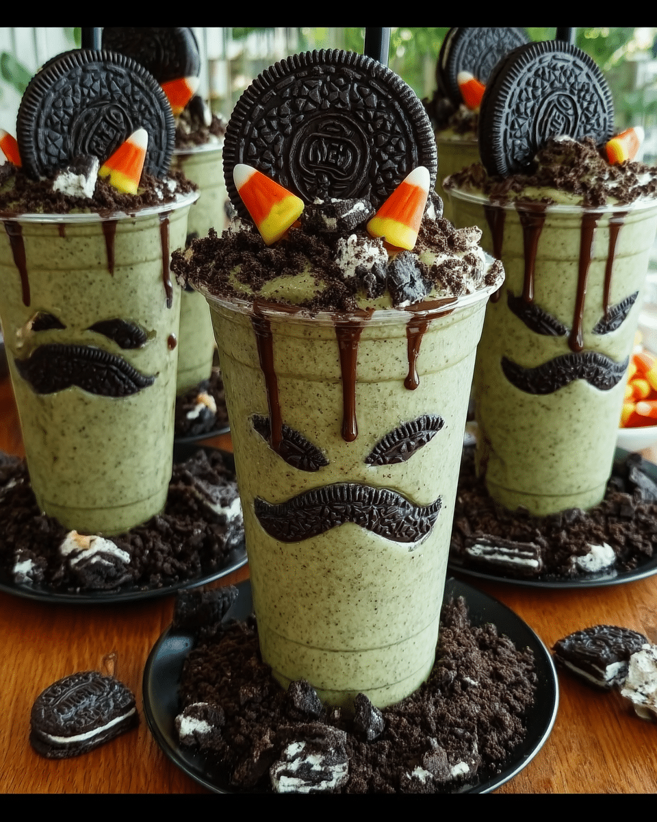 Frankenstein Pudding Cups 9 Close-up of decorated Frankenstein Pudding Cups showcasing the candy eyes and other decorative elements.