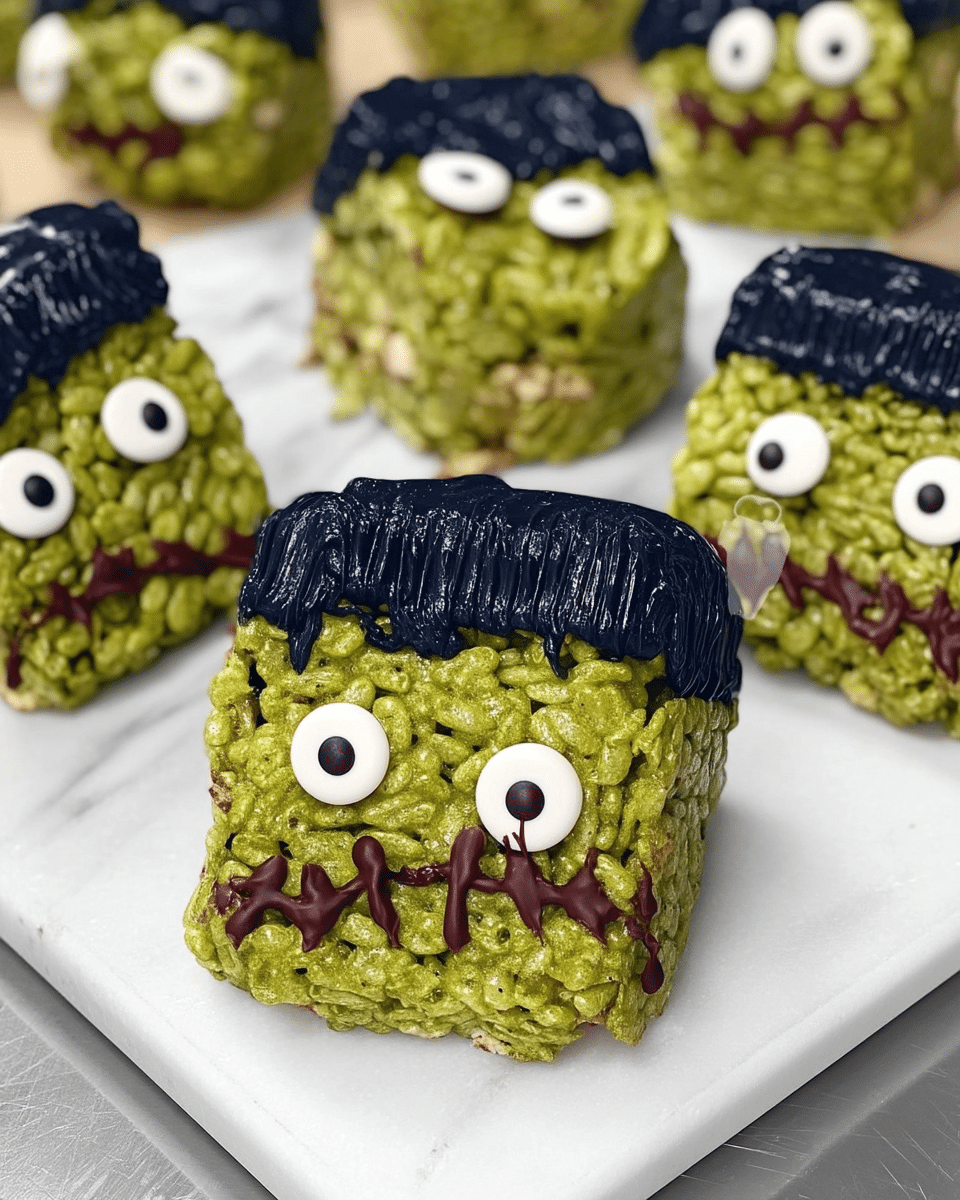 A close-up of a Frankenstein Rice Krispie treat being decorated with black icing.
