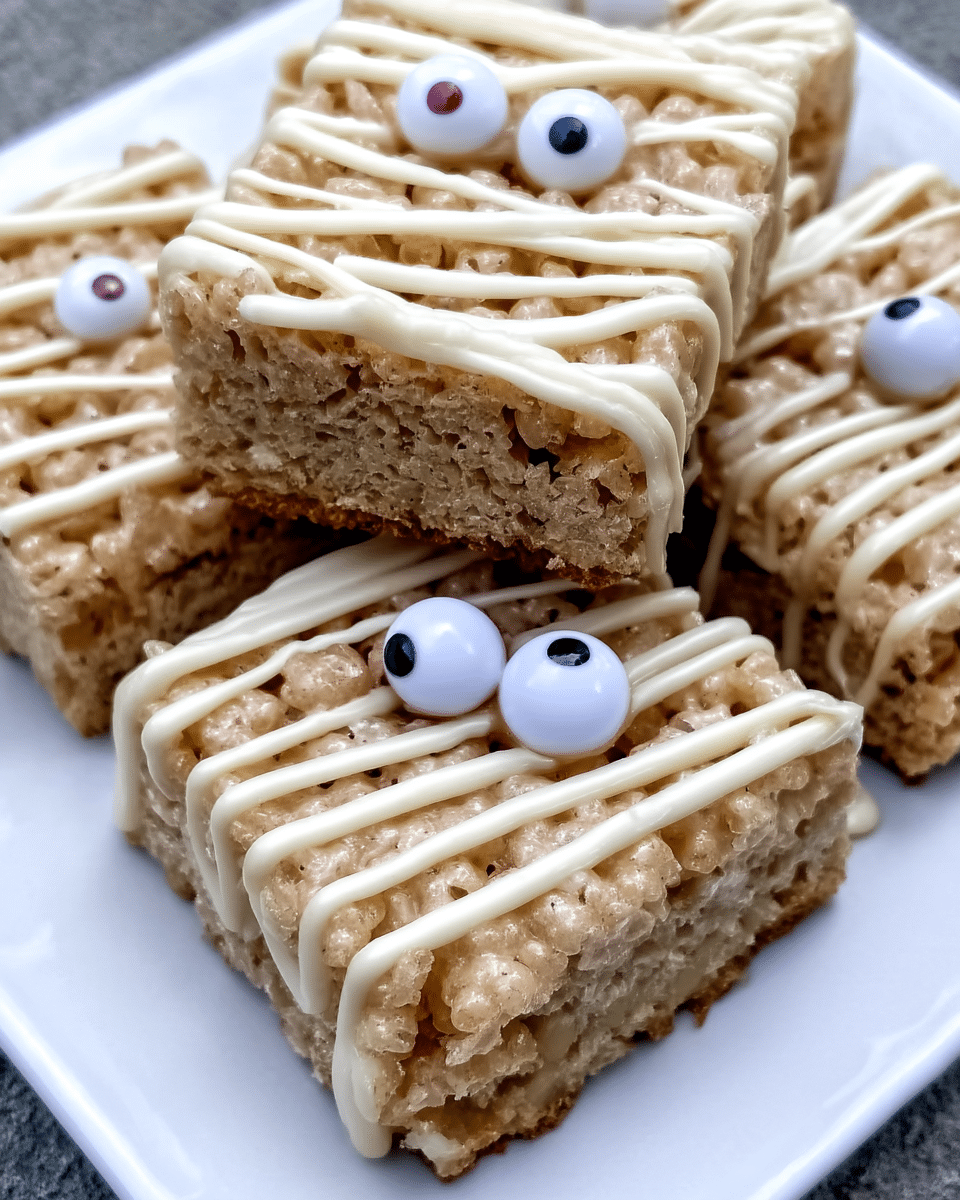 Mummy Rice Krispie Treats 9 Close-up of drizzling white chocolate on Mummy Rice Krispie Treats