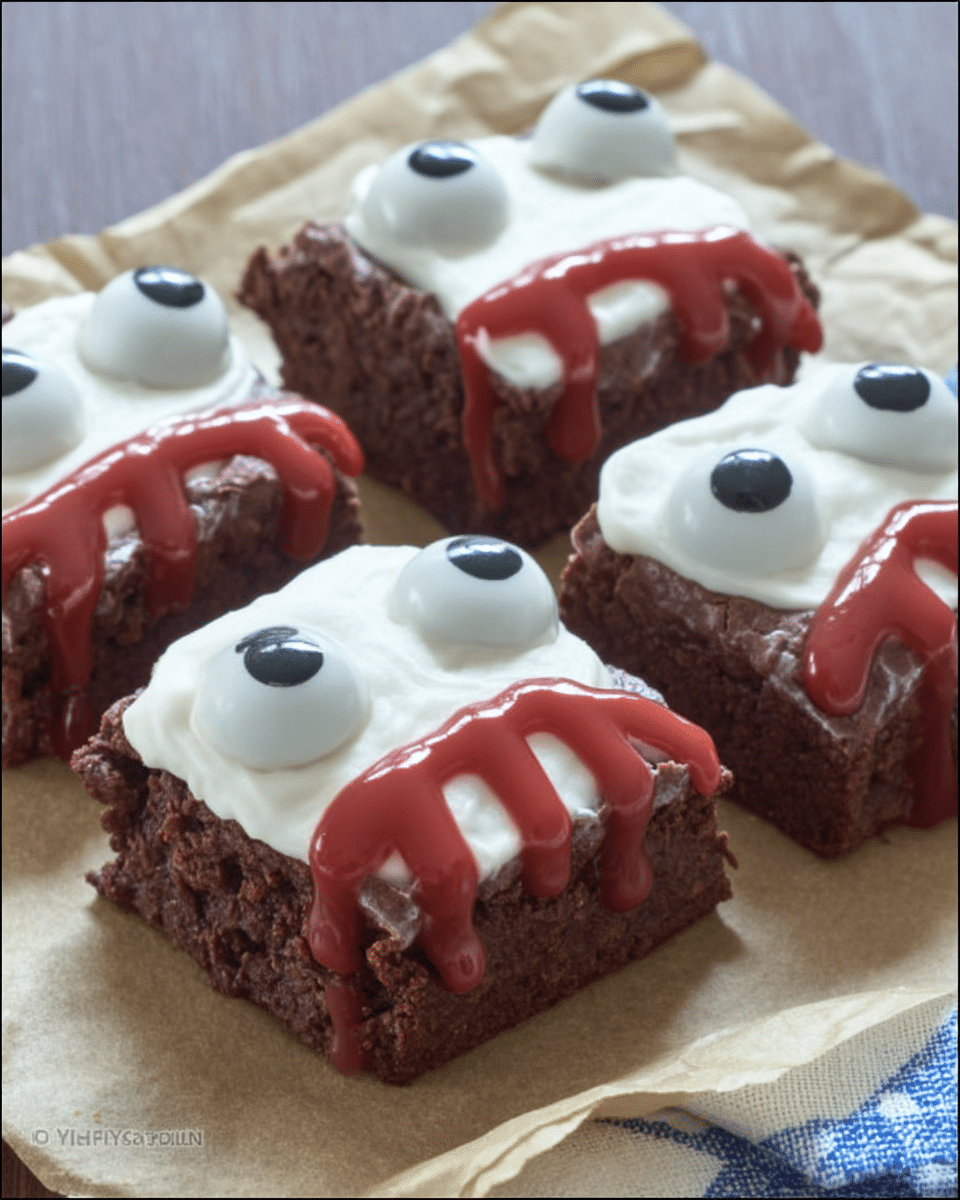 Eyeball Brownies arranged on a platter with Halloween decorations