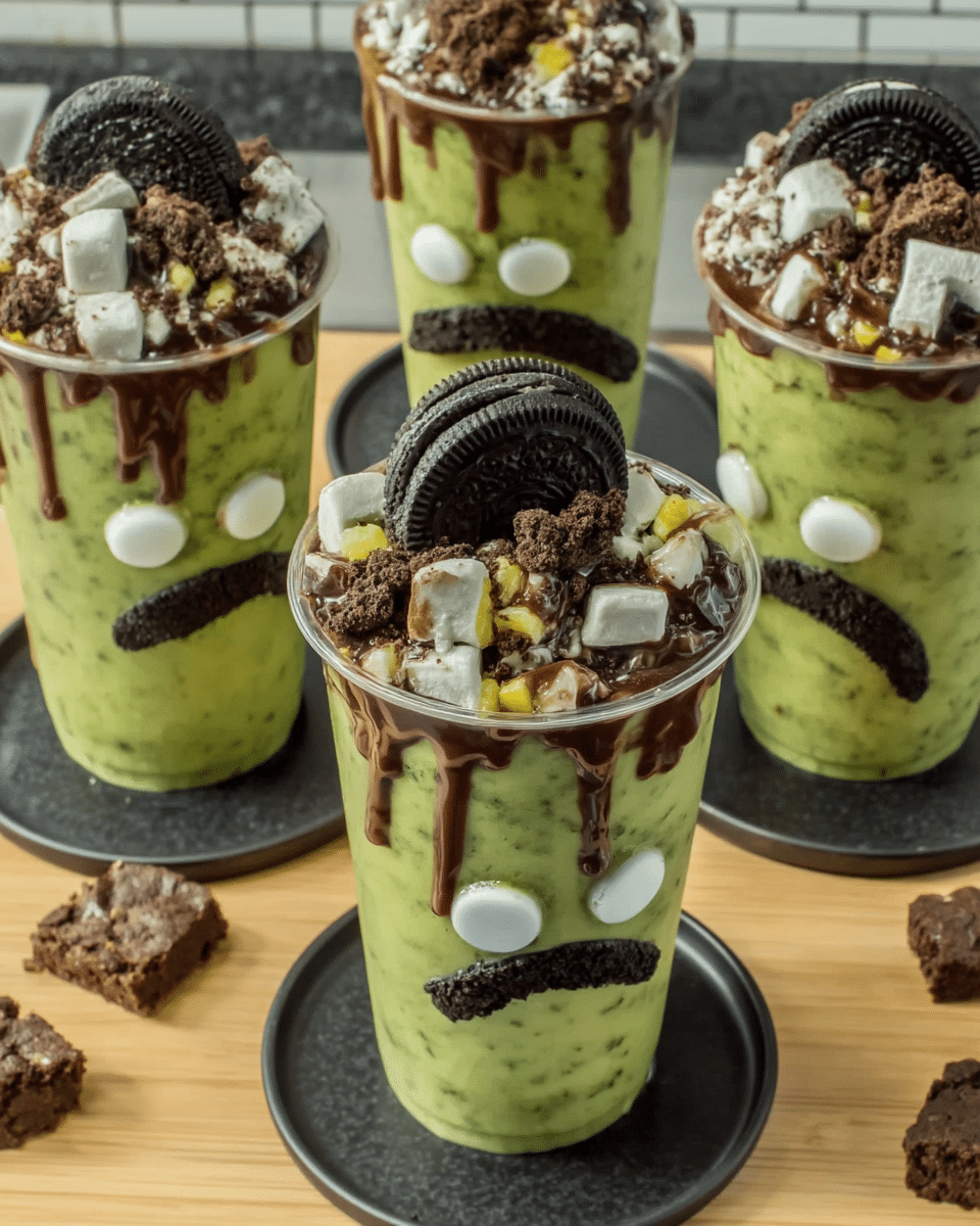 Frankenstein Pudding Cups 8 Ingredients for Frankenstein Pudding Cups neatly arranged on a countertop.
