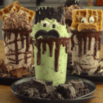 Frankenstein Pudding Cups arranged on a table for a Halloween Party