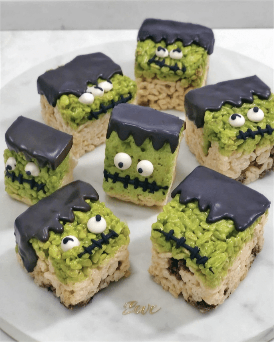 Frankenstein Rice Krispie treats served on a plate with a glass of milk.