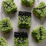 Frankenstein Rice Krispie Treats arranged on a platter for a Halloween party.