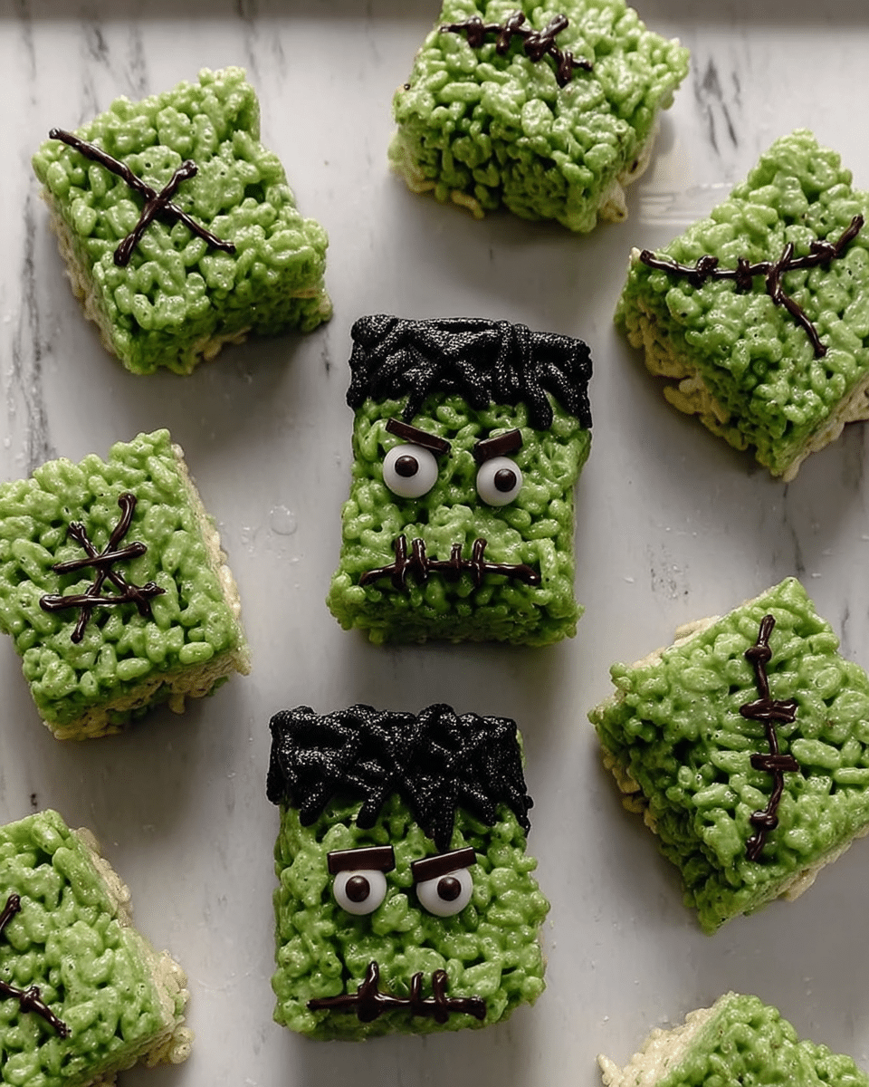 Frankenstein Rice Krispie Treats arranged on a platter for a Halloween party.