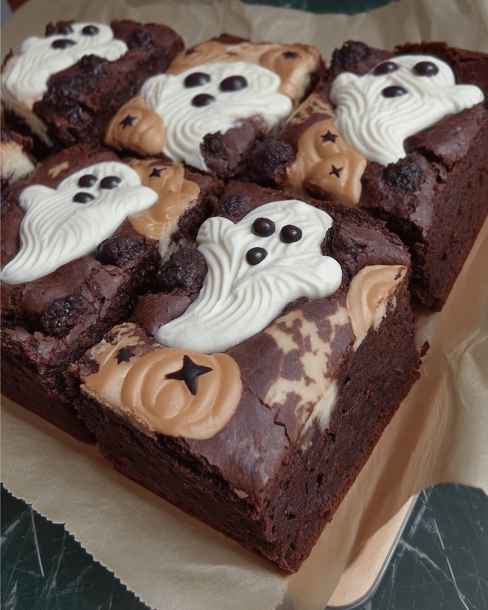 A close-up of a Ghost Brownie with a perfectly swirled marshmallow ghost.