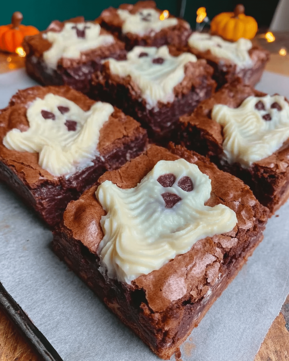 Ghost Brownies served on a plate with a glass of milk.