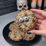 Halloween Chocolate Chip Cookies 7 Ingredients for Halloween Chocolate Chip Cookies laid out on a table.