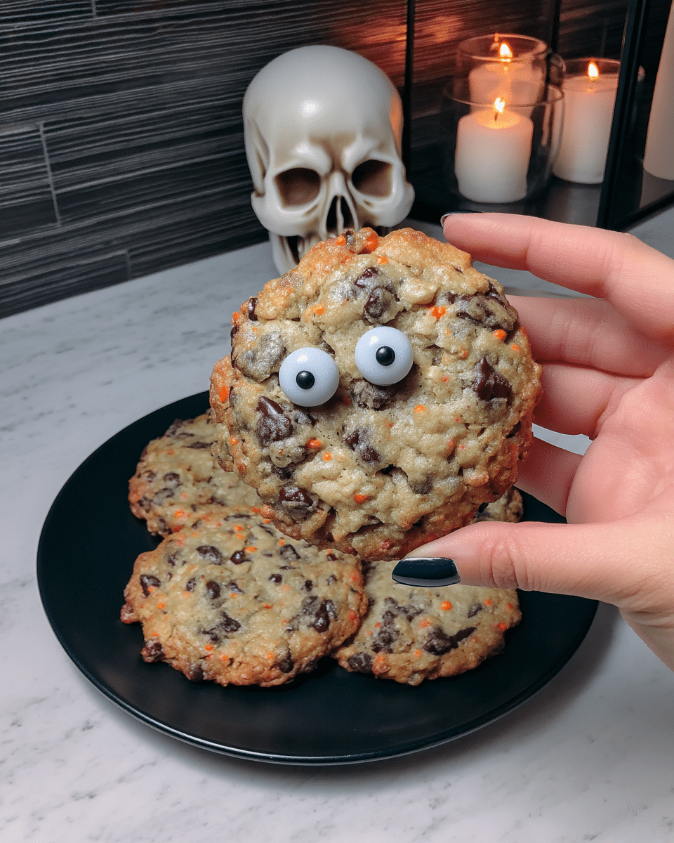 Halloween Chocolate Chip Cookies 8 Ingredients for Halloween Chocolate Chip Cookies laid out on a table.
