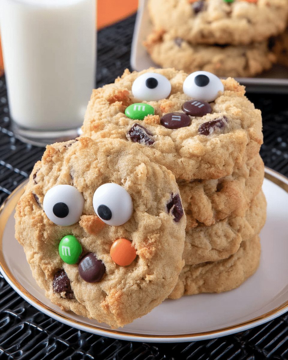 Close-up of decorated Halloween cookies on a cooling rack.