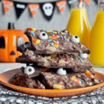 A close-up of Halloween Crack on a parchment-lined baking sheet.