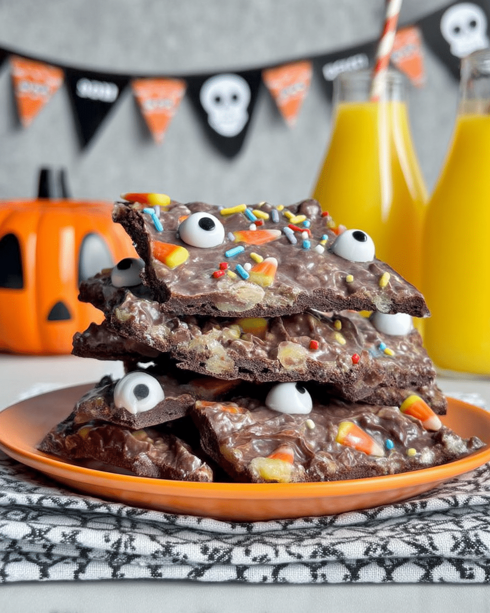 A close-up of Halloween Crack on a parchment-lined baking sheet.