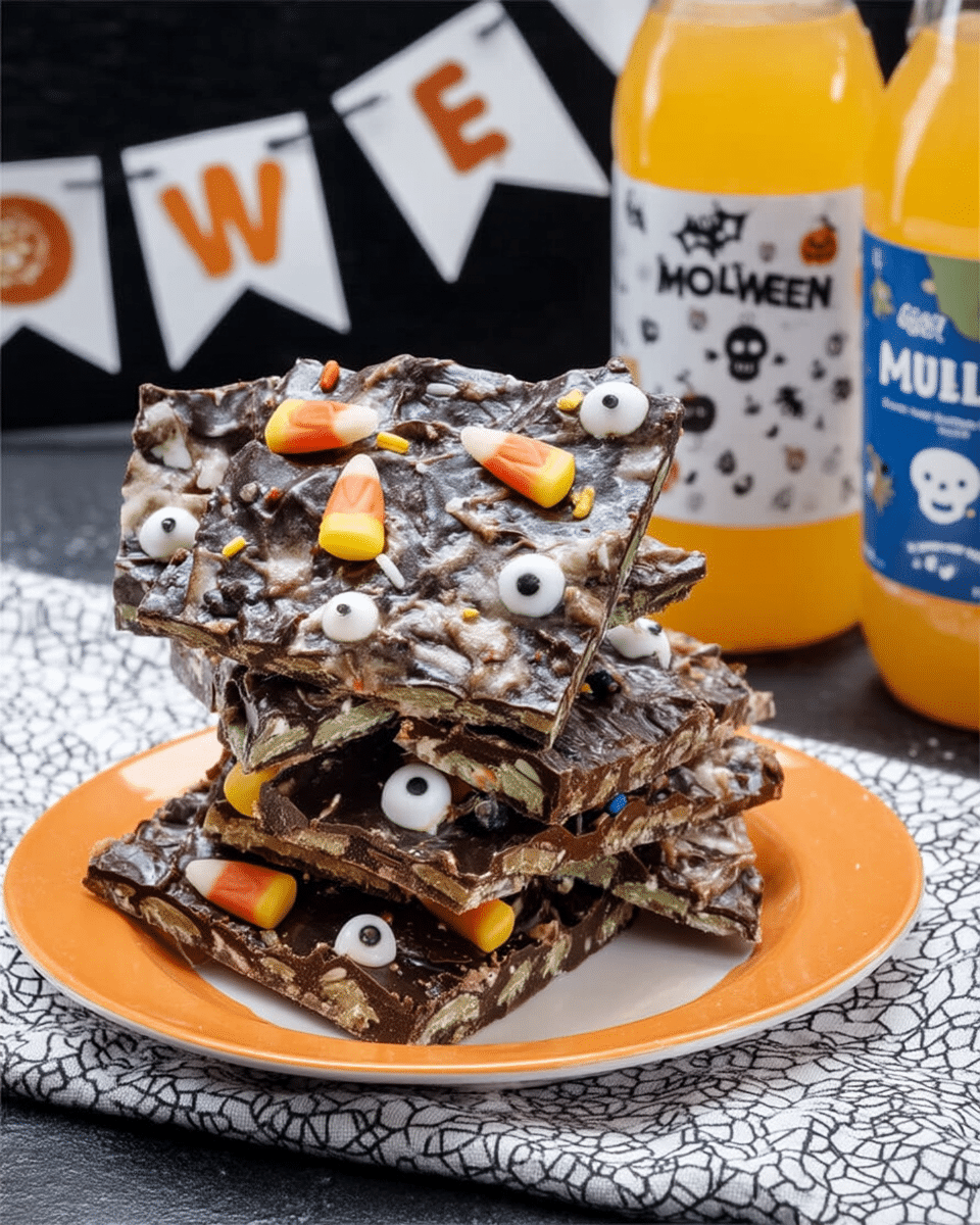 A platter of Halloween Crack pieces, garnished with Halloween candy.