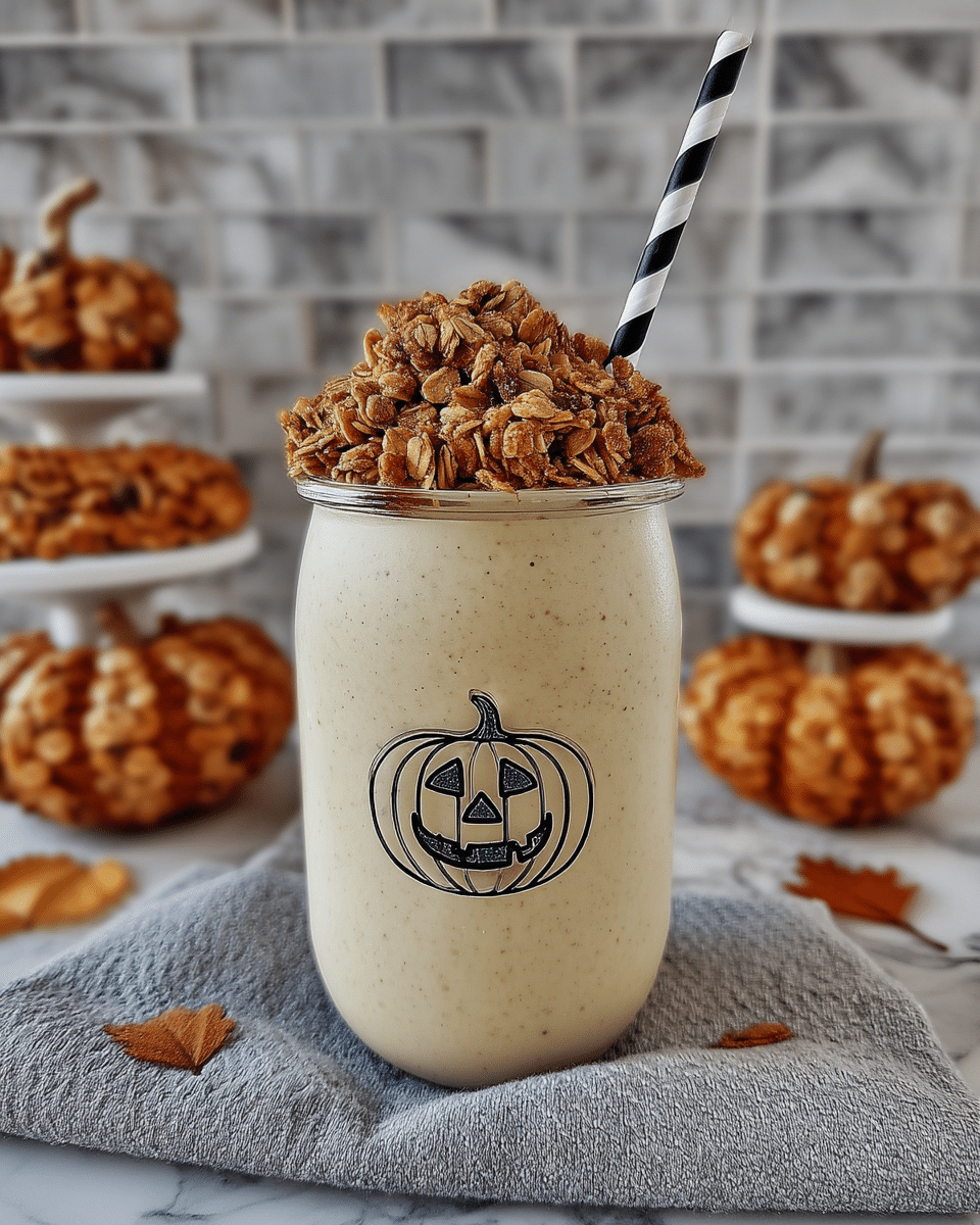 Halloween Overnight Oats 10 A table setting with pumpkin spice overnight oats and a side of fruit.