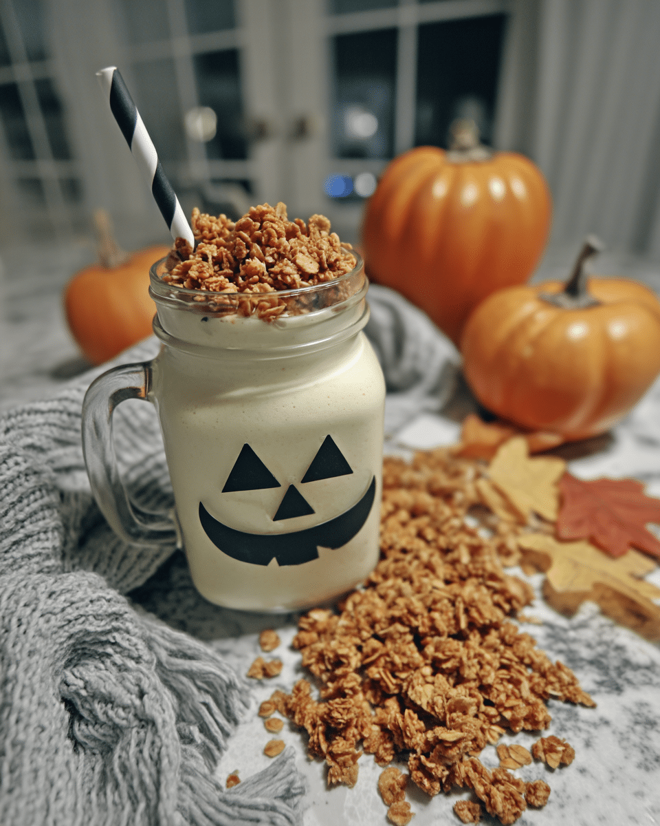 A jar of pumpkin spice overnight oats topped with granola and chopped pecans.