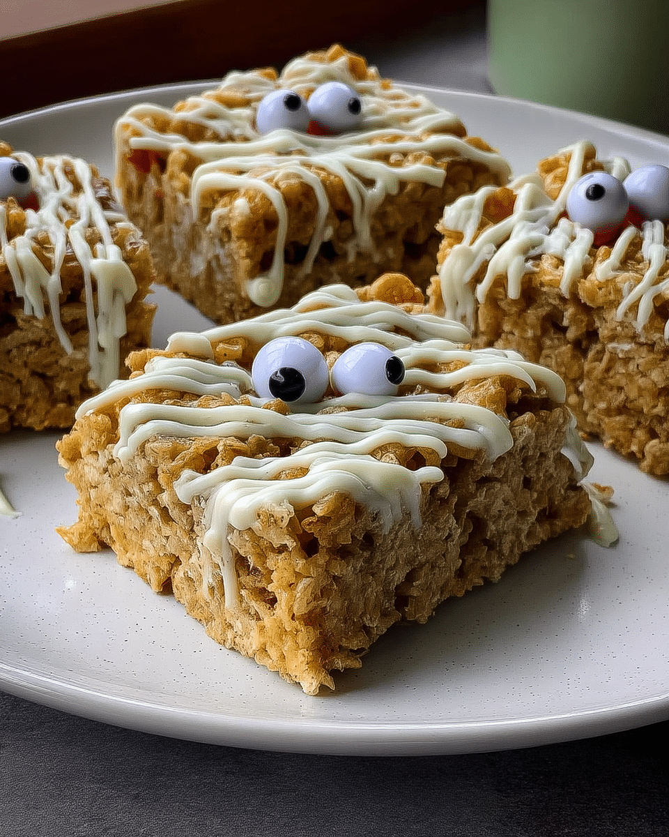 Mummy Rice Krispie Treats 10 Mummy Rice Krispie Treats served on a platter with other Halloween treats