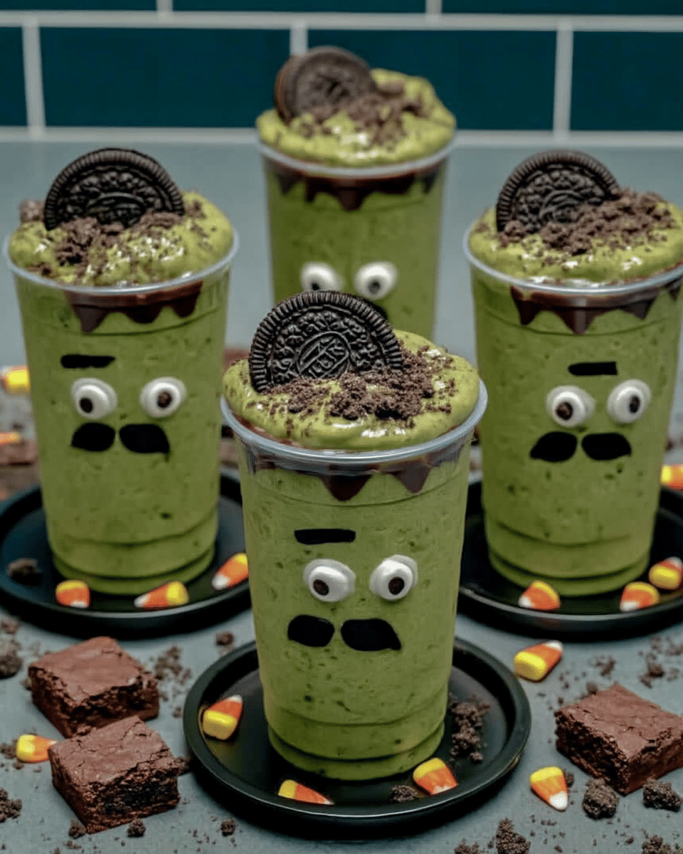 Frankenstein Pudding Cups 10 A table setting with Frankenstein Pudding Cups as the centerpiece, complemented by other Halloween treats.