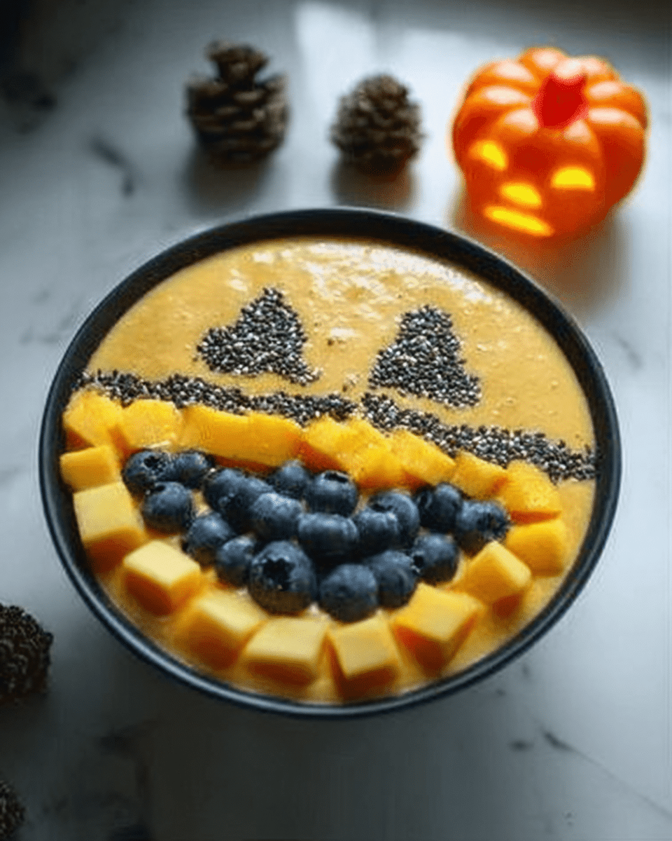 Jack-O’-Lantern Smoothie Bowls 8 Ingredients for Jack-O’-Lantern Smoothie Bowls: frozen mango, banana, carrot juice, and almond milk.