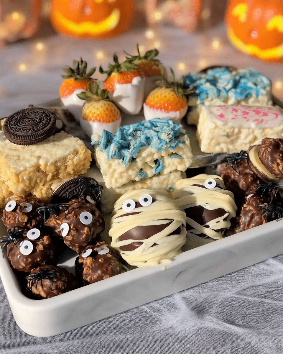Peanut Butter Spider Cookies 8 A flat lay showcasing the ingredients for Peanut Butter Spider Cookies: peanut butter cookies, mini Reese's peanut butter cups, melted semi-sweet chocolate, and candy eyeballs, arranged on a rustic wooden background.