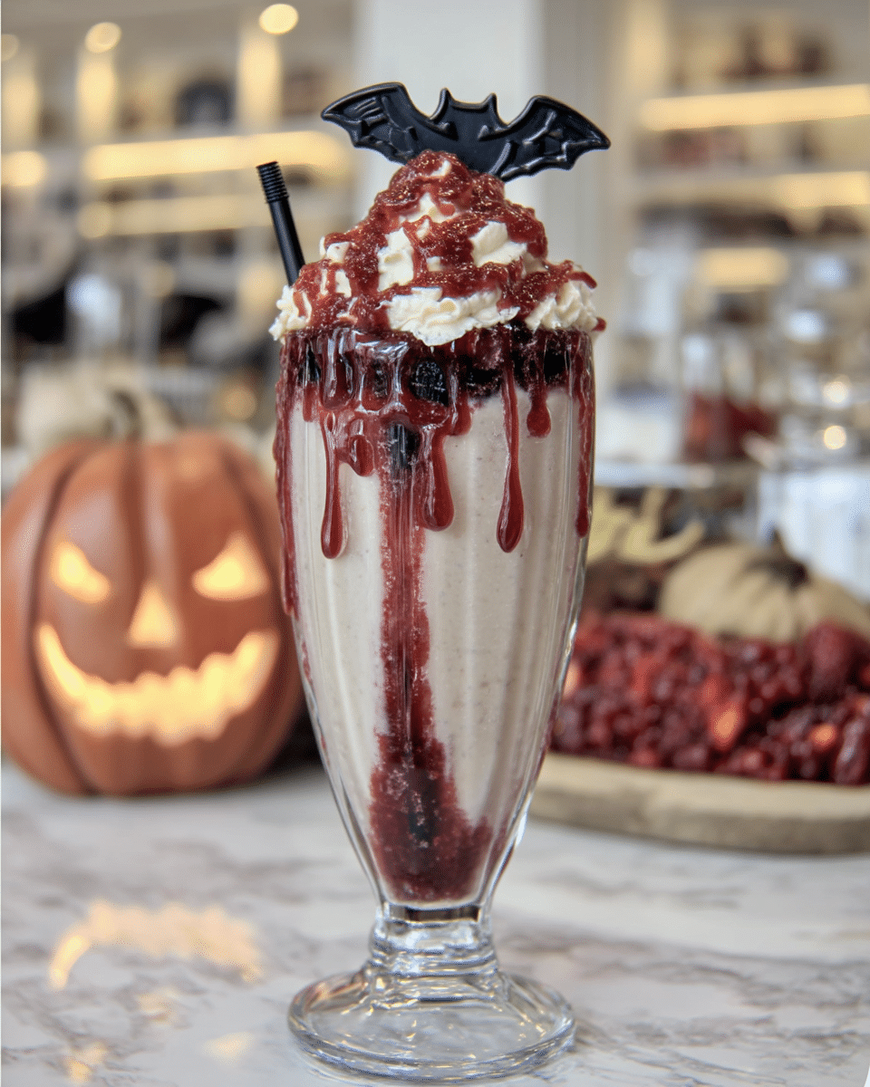 Zombie Brain Banana Rum Milkshake 8 A display of ingredients including vanilla ice cream, milk, bananas, dark rum, whipped cream, and red syrup.