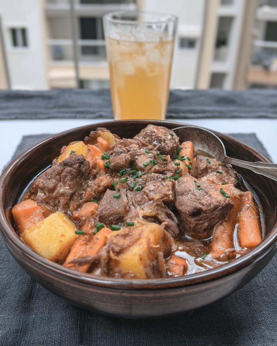 A hearty bowl of Instant Pot Beef Stew with chunks of beef and vegetables.