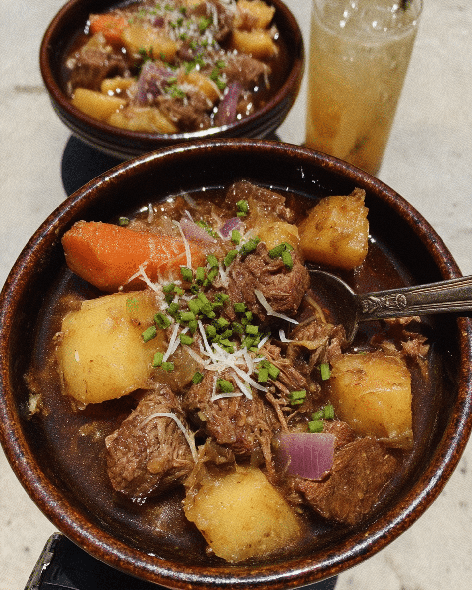 A chef giving a thumbs-up next to a finished Instant Pot Beef Stew.