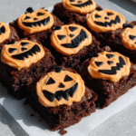 Jack-O’-Lantern Brownies 7 Close-up of a Jack-O'-Lantern Brownie on a plate