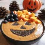 Jack-O’-Lantern Smoothie Bowls 7 Two Jack-O'-Lantern Smoothie Bowls decorated with chia seeds and fresh fruit.