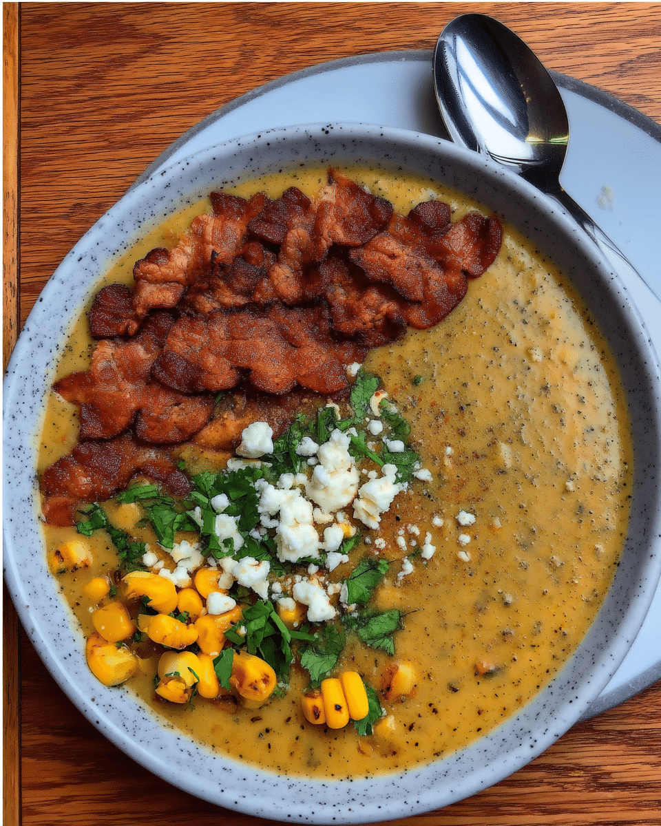 A close-up shot of a hand holding a ladle, pouring Slow Cooker Mexican Street Corn Soup into a bowl.