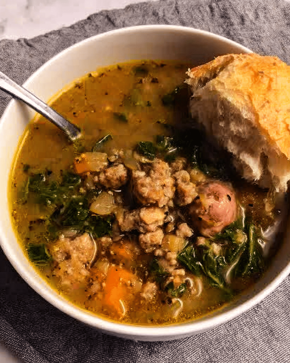 Sausage Sweet Potato & Kale Soup 9 A close-up shot of a hand holding a ladle full of Sausage, Sweet Potato, and Kale Soup over a pot.
