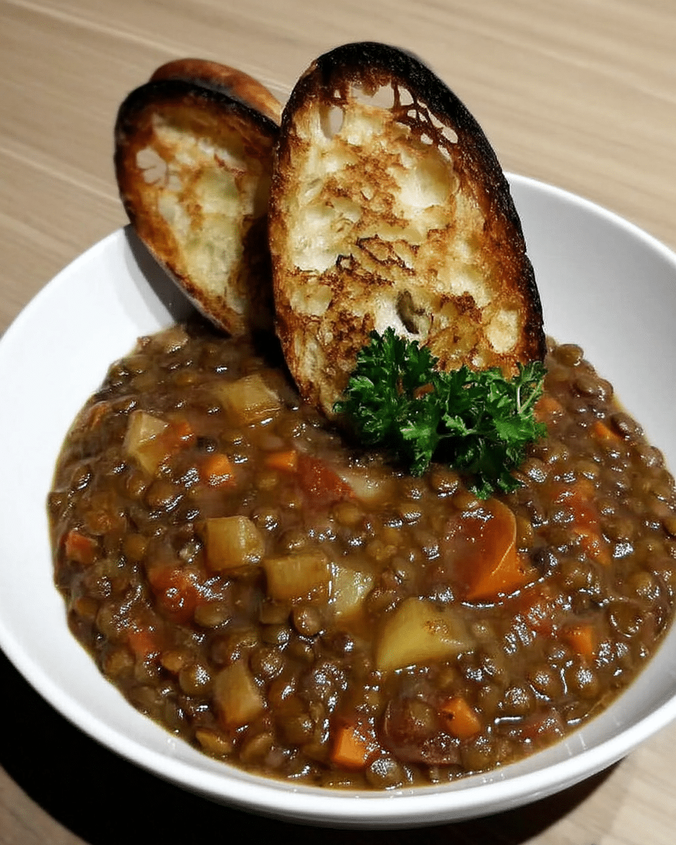 Lentil Soup with Garlic Crostini 9 Close-up of using an immersion blender in lentil soup